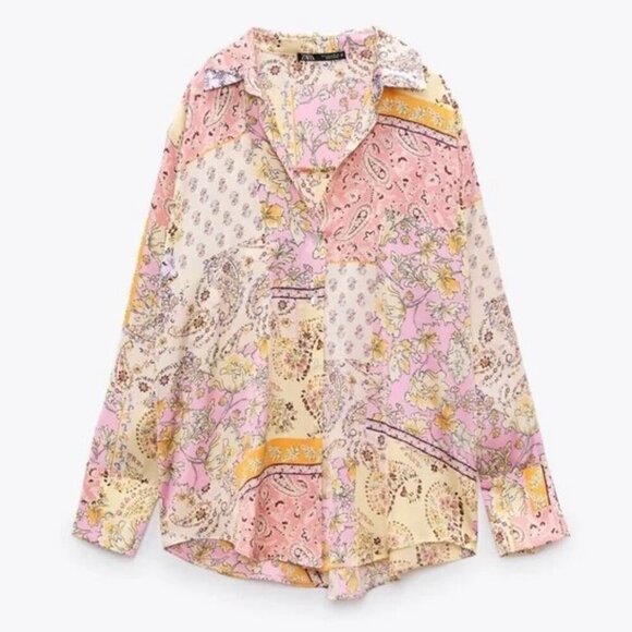 💕ZARA💕 Printed Satin Effect Shirt ~ Pink Multi-Color Paisley Print Medium - Picture 8 of 16